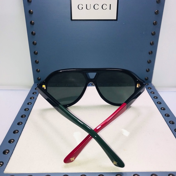 New - Gucci Black Red Green 0159 Stripe Aviator Unisex Gg0159 Sunglasses - Picture 10 of 16